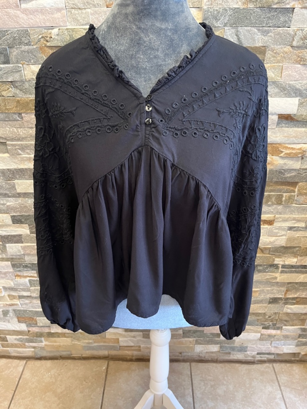 Black Tape_ Black Embroidered Peasant Blouse